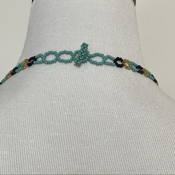 Bohemian Native Handcrafted Summer Beaded Necklace turquoise/gold/blue necklace. - Picture 4 of 5